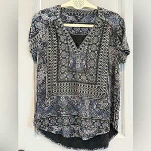 Lucky Brand Navy and Gray Paisley V-Neck Blouse